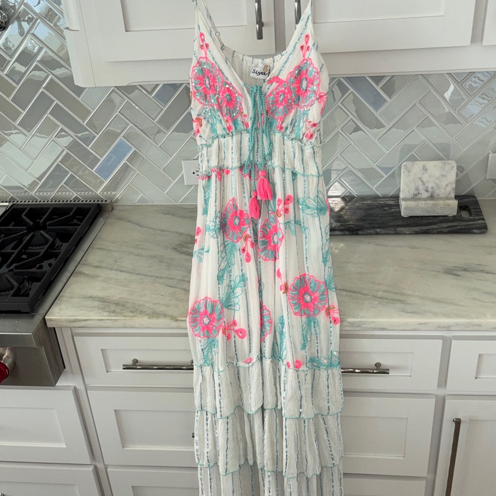 Siya White NWT Maxi Dress with Pink and Teal Embroidery